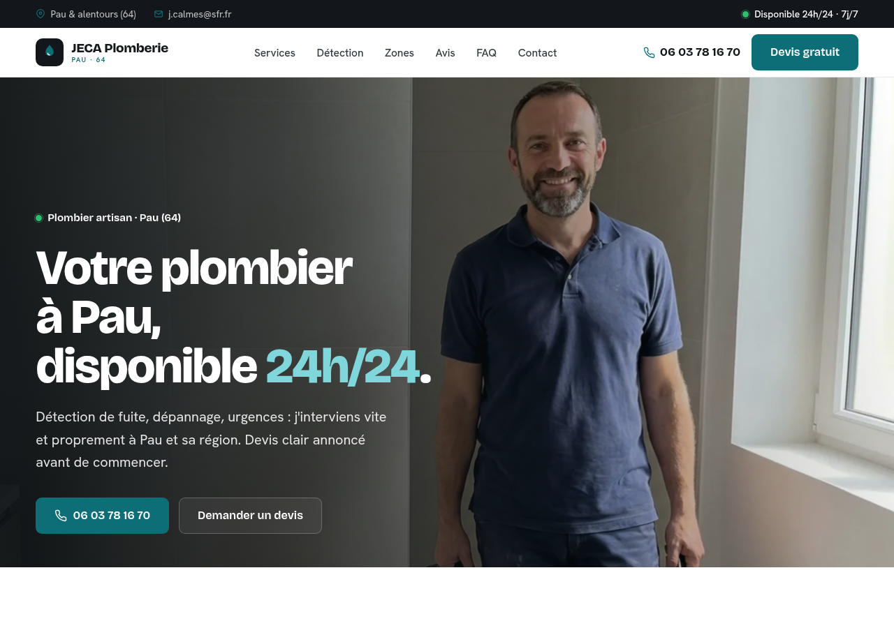 Page d'accueil du site JECA Plomberie, plombier à Pau
