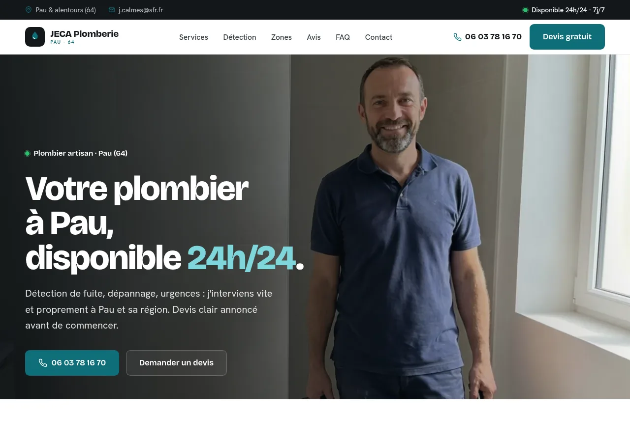Page d'accueil du site JECA Plomberie, plombier à Pau