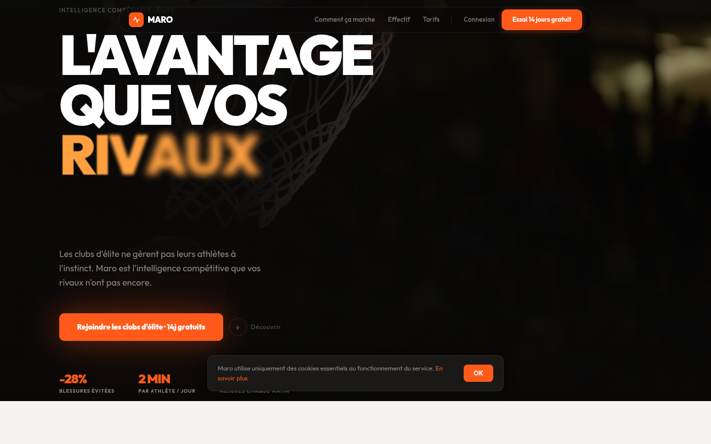 Page d'accueil de Maro, SaaS de suivi bien-être pour clubs de basket