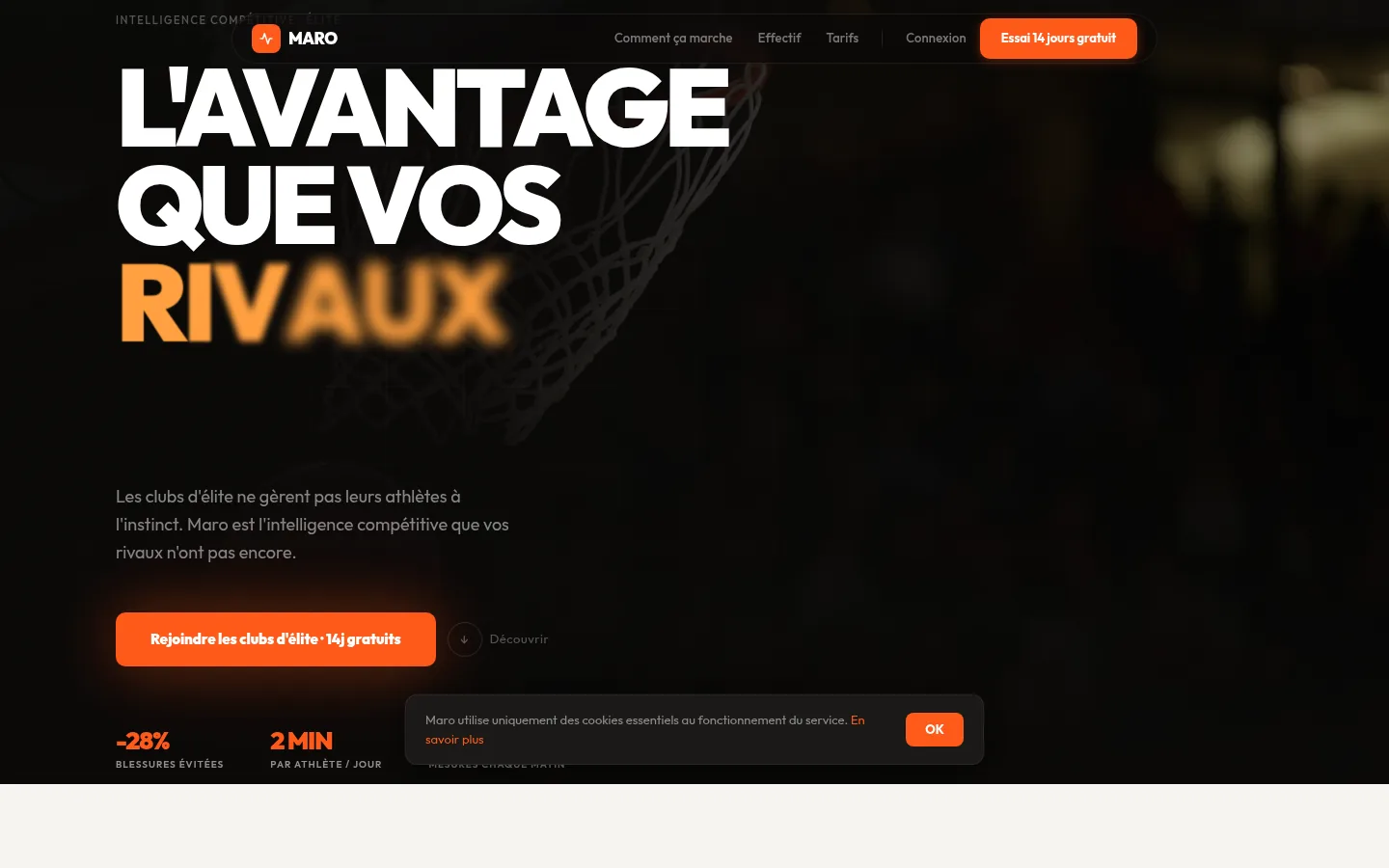 Page d'accueil de Maro, SaaS de suivi bien-être pour clubs de basket