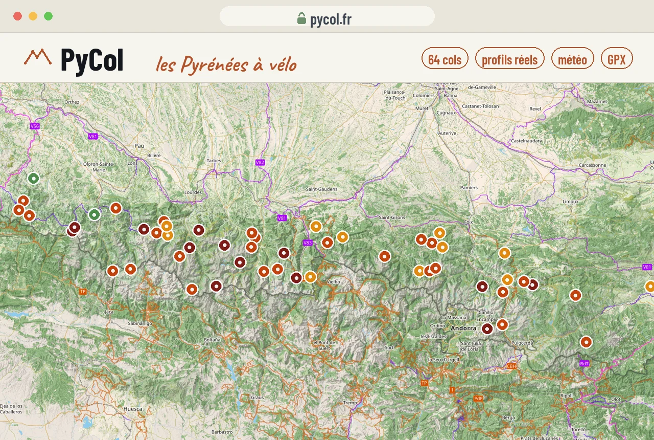 Carte interactive de PyCol, les 64 grands cols des Pyrénées à vélo