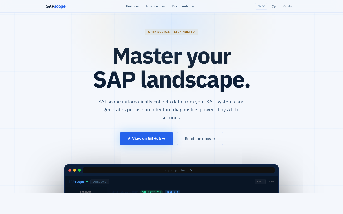Page d'accueil de SAPscope, supervision d'environnements SAP