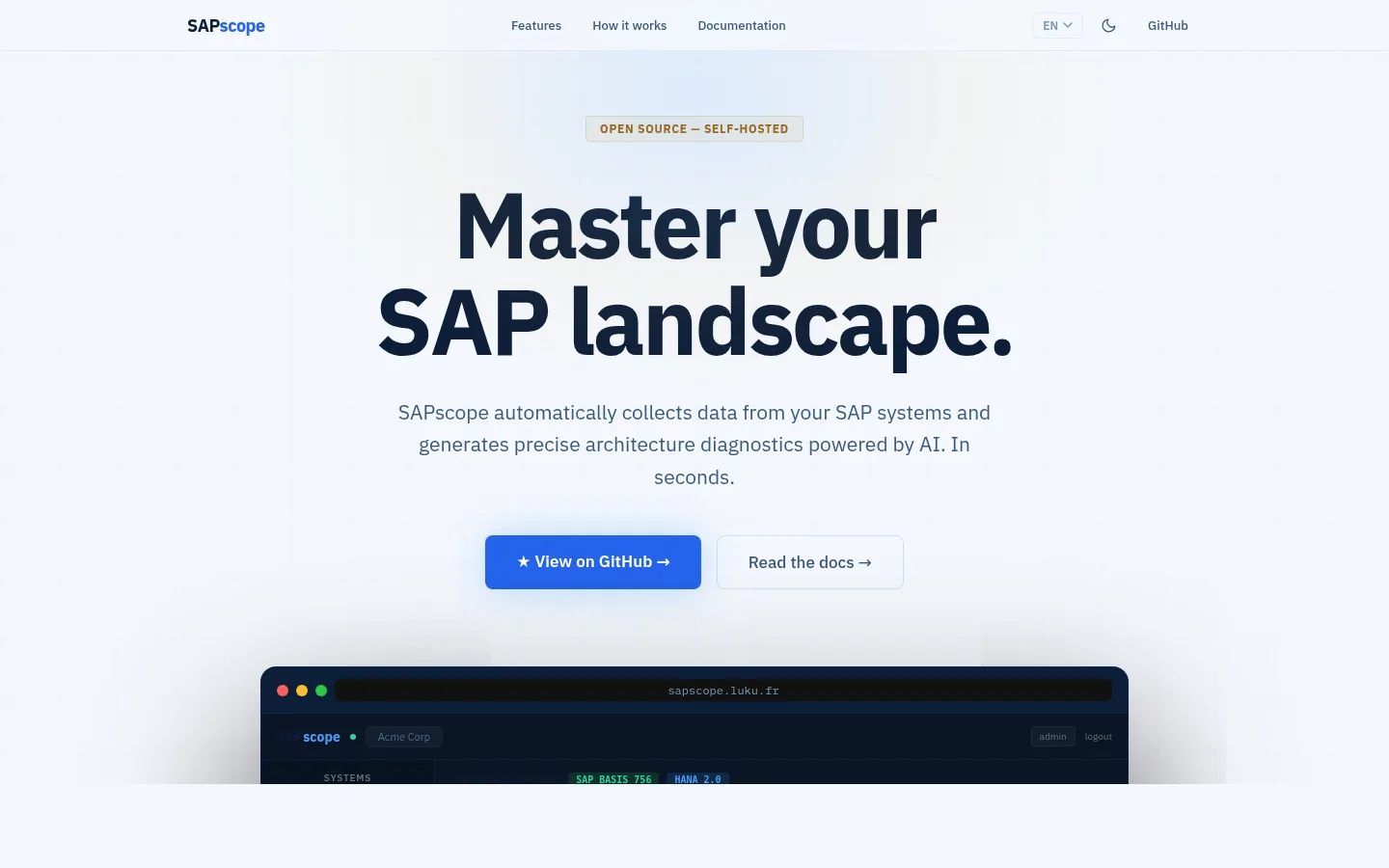 Page d'accueil de SAPscope, supervision d'environnements SAP