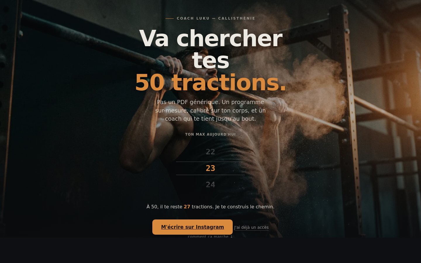 Page d'accueil de 50 Tractions, programme de coaching sportif